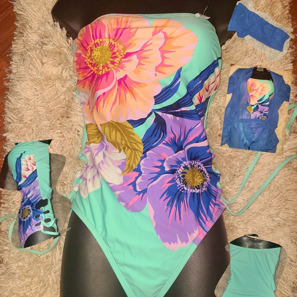 NWT FLORAL STRAPLESS SWIMSUIT w/ SHEER COVER-UP & FLORAL DRESS (Size Small)